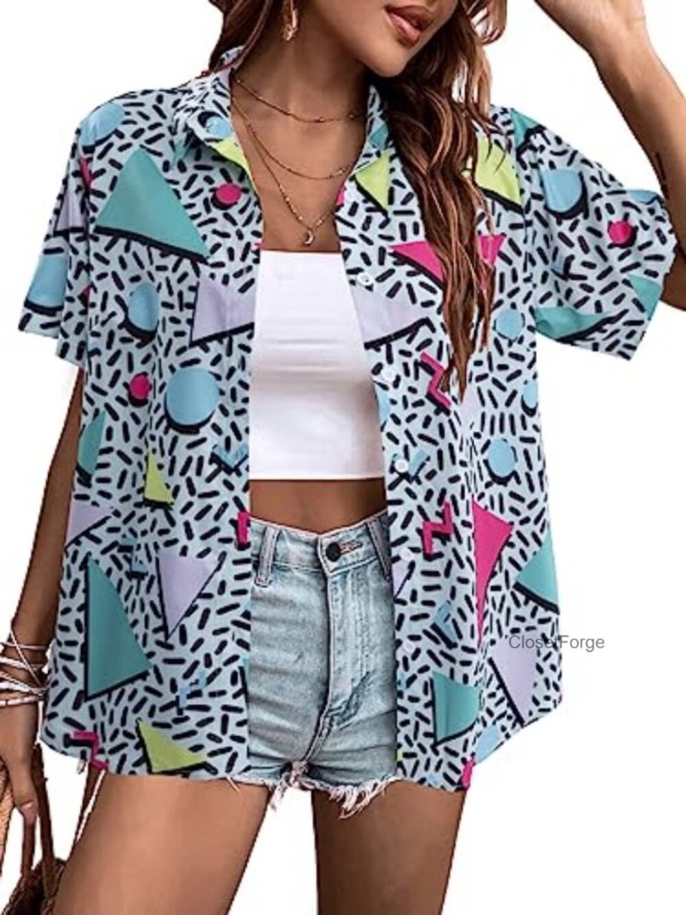 Retro Disco Button Down Shirt Women 80s 90s Vintage Neon Party Top
